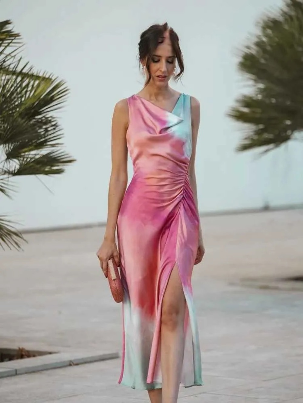 Zara Tie Dye Print Satin Midi Dress Pink Sage Cowl Neck Ruched Slit NWT Small - Picture 1 of 6